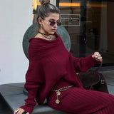 Load image into Gallery viewer, Winter Knitted Two Piece Set for Women Elegant Off Shoulder Sweater Pullover Top Slim Skirt Suit Fashion Office Ladies Outfits