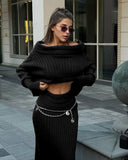 Load image into Gallery viewer, Winter Knitted Two Piece Set for Women Elegant Off Shoulder Sweater Pullover Top Slim Skirt Suit Fashion Office Ladies Outfits