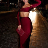 Load image into Gallery viewer, European and American long sleeved long skirt set, strapless short top, high waist, hip hugging skirt, sexy and spicy two-piece set