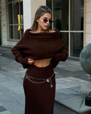 Load image into Gallery viewer, Winter Knitted Two Piece Set for Women Elegant Off Shoulder Sweater Pullover Top Slim Skirt Suit Fashion Office Ladies Outfits