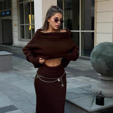 Load image into Gallery viewer, Winter Knitted Two Piece Set for Women Elegant Off Shoulder Sweater Pullover Top Slim Skirt Suit Fashion Office Ladies Outfits